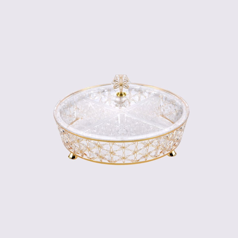 Vague Clear & Gold Round Acrylic Candy Box with legs and 4 bowls 30.5 cm x 30.5 cm Daisy Pattern