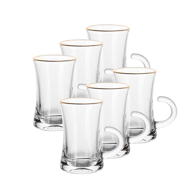Glass 6 Pcs Tea Cup Set 110 ml - Plain with Golden Rim