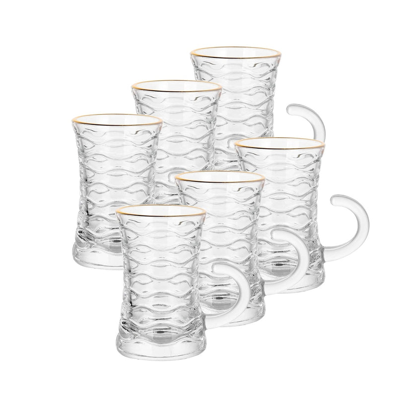 Glass 6 Pcs Tea Cup Set 110 ml - Swirl Design with Golden Rim