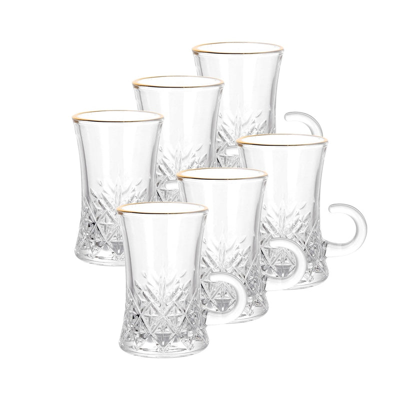 Glass 6 Pcs Tea Cup Set 110 ml - Frost Design with Golden Rim
