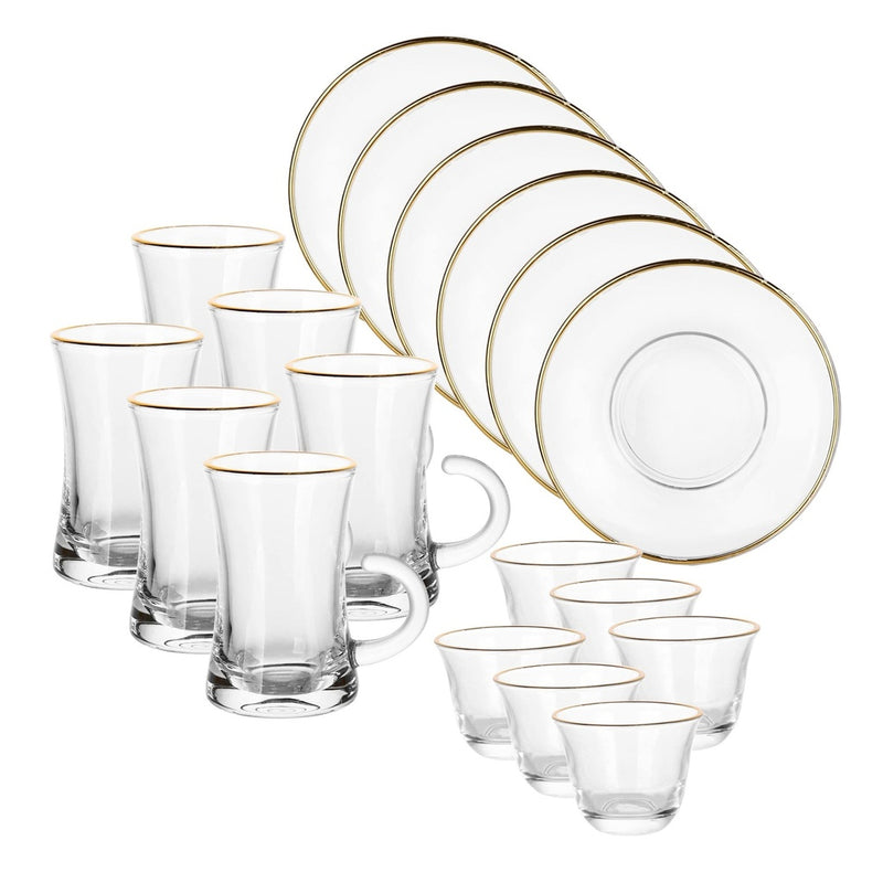 Glass 18 Pcs Tea & Coffee Set - Plain with Golden Rim