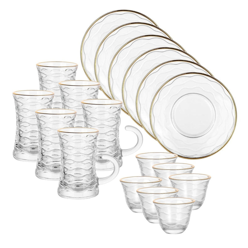 Glass 18 Pcs Tea & Coffee Set - Swirl Design with Golden Rim