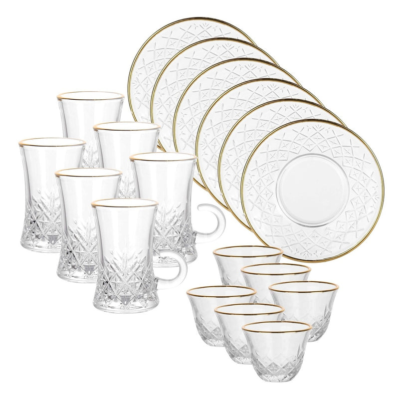 Glass 18 Pcs Tea & Coffee Set - Ice Design with Golden Rim