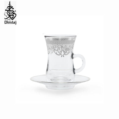 Dimlaj Platinum Tea Glass with Handle and Plate 12 Piece Set Trina