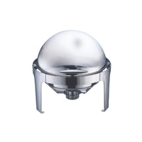 A close-up photo of a stainless steel round chafing dish with a roll-top lid on a white background.