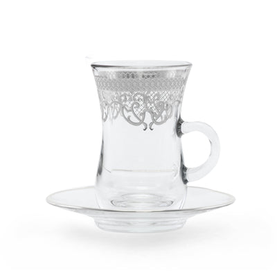 Dimlaj Platinum Tea Glass with Handle and Plate 12 Piece Set Trina