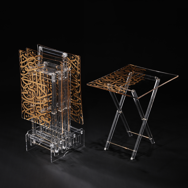 Vague Acrylic 4 Curved Rectangular Coffee Tables with Stand Set Arabic Calligraphy Printing