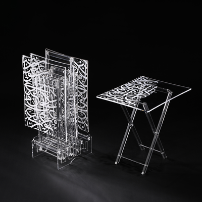 Vague Acrylic 4 Curved Rectangular Coffee Tables with Stand Set Arabic Calligraphy Printing