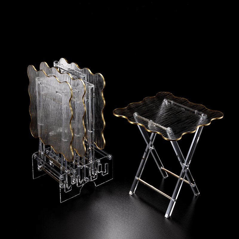Vague Acrylic 4 Square Coffee Tables with Stand Set Wave Bark Design