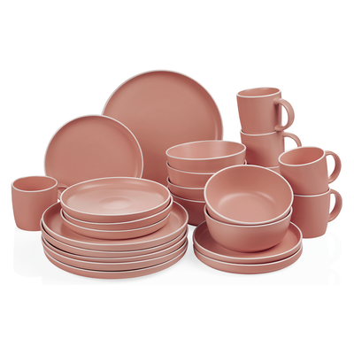 24 Piece Matte Pink Stoneware Dinnerware Set