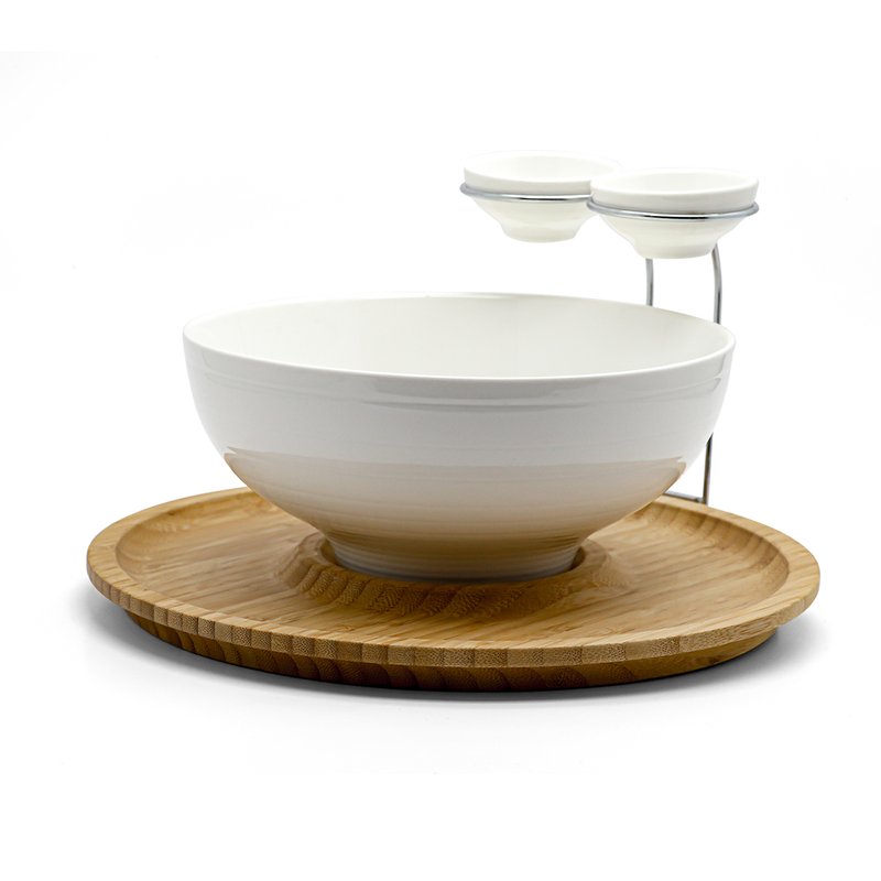 Porceletta Chip & Dip Porcelain  Stand with Bamboo