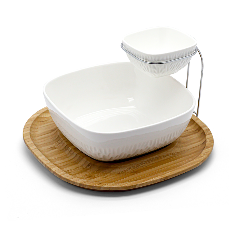 Porceletta Chip & Dip Porcelain Stand with Bamboo