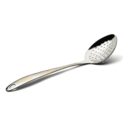 Vague Stainless Steel Serving Spoon with Holes 28 cm Lined Golden & Silver Design