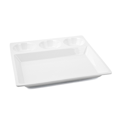 Vague Melamine Square Divided Platter with 3 Round Sauce Compartment 29 cm