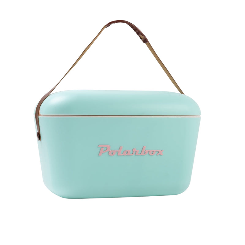 An image of the Polarbox 20L Classic Cooler Box in Cyan and Baby Rose color, featuring a leather strap handle.