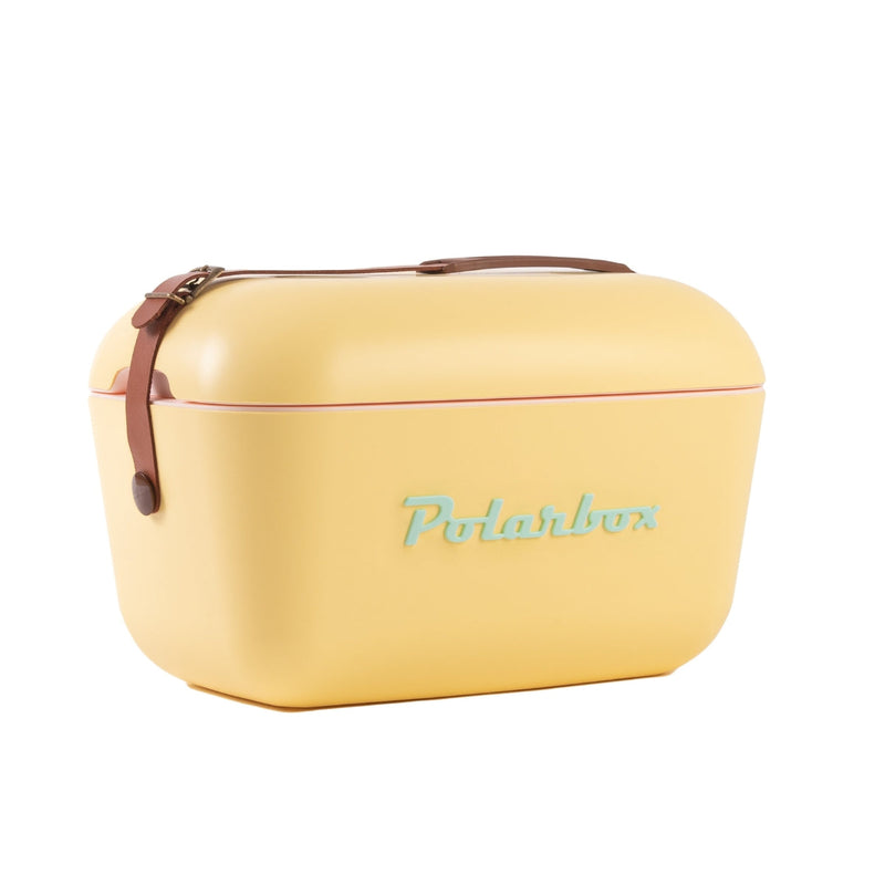 an Image of  Polarbox 12L Classic Cooler Box with Leather Strap in a vibrant yellow and cyan color. The image showcases the box&