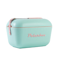 an Image of  A Polarbox 20L Pop Cooler Box in a vibrant cyan and baby rose color. The cooler box features a leather strap for easy carrying.