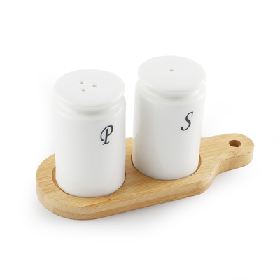 Porcelain Cylindrical Salt & Pepper Shakers Set with Bamboo Base