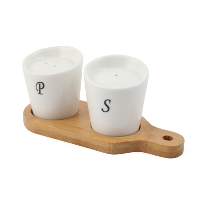 Porcelain Salt & Pepper Shakers Set with Bamboo Base